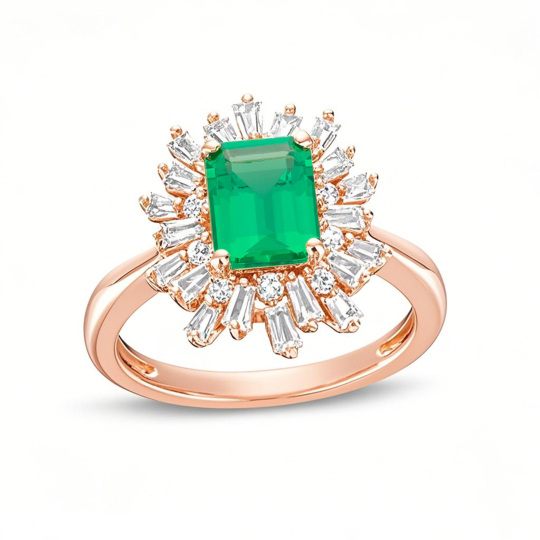 Anillo de compromiso de oro rosa de 10 quilates con corte esmeralda y diamantes en forma de estrella