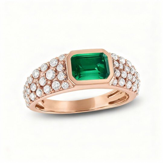 Bague de fiançailles pour homme en or rose 10 carats avec taille émeraude