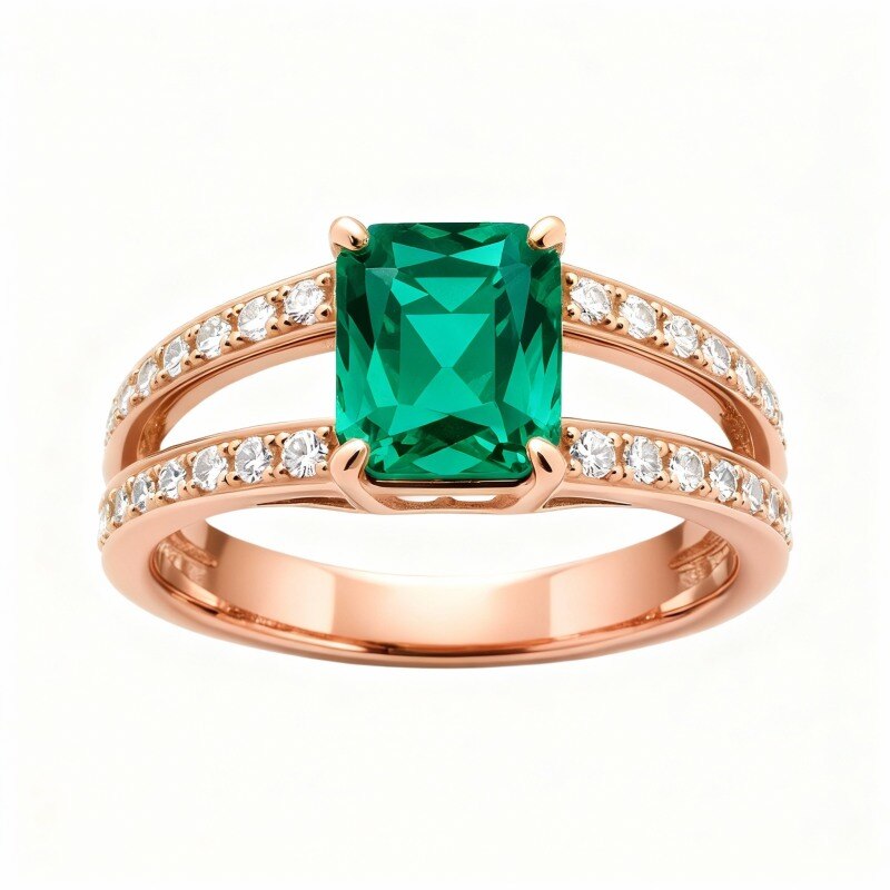 Anel de Noivado em Ouro Rosa 14K com Diamante Lapidado em Esmeralda-1