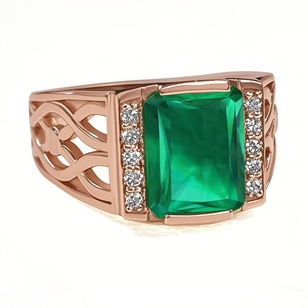 14K Rose Gold Emerald Cut Lab Created Emerald & Diamond Wedding Band for Birthday Anniversary Christmas Fathers Day-1