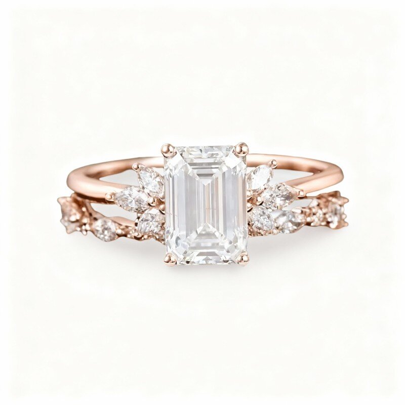 10K Rose Gold Emerald Cut Moissanite Couple Bridal Set-1