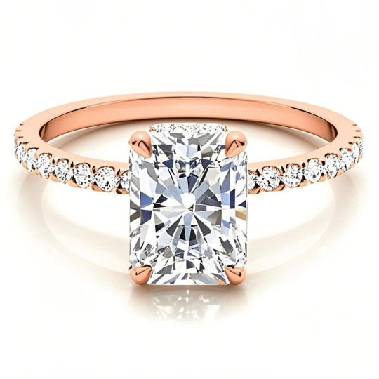 Anillo de compromiso de moissanita de corte esmeralda en oro rosa de 10 quilates