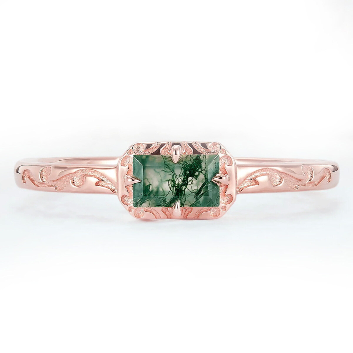 18K Rose Gold Emerald Cut Moss Agate Wedding Ring-1