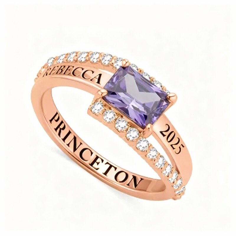 10K Rose Gold Emerald Cut Personalized Birthstone & Personalized Classic Name & Personalized Engraving Ring-1