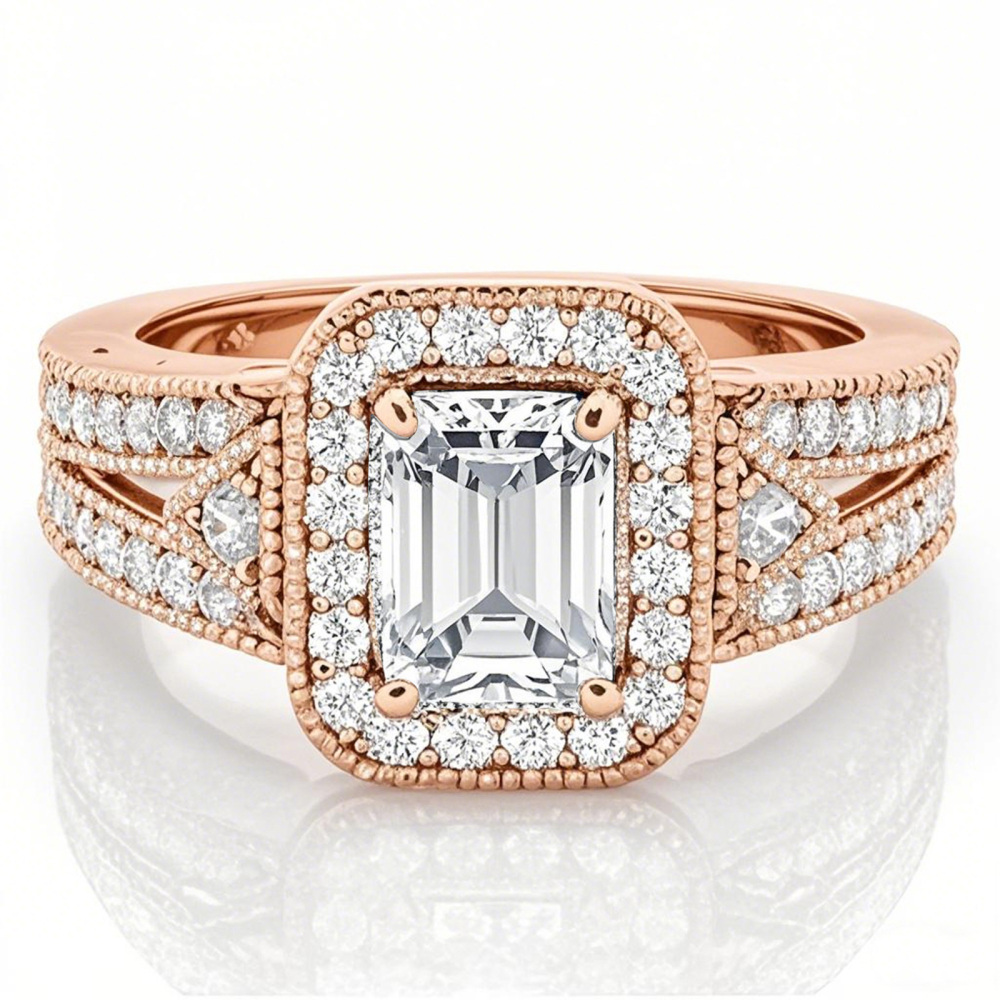 14K roségouden smaragdgeslepen vintage moissanite verlovingsring-1