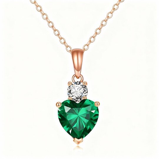 10K Rose Gold Cubic Zirconia & Emerald Heart Pendant Necklace