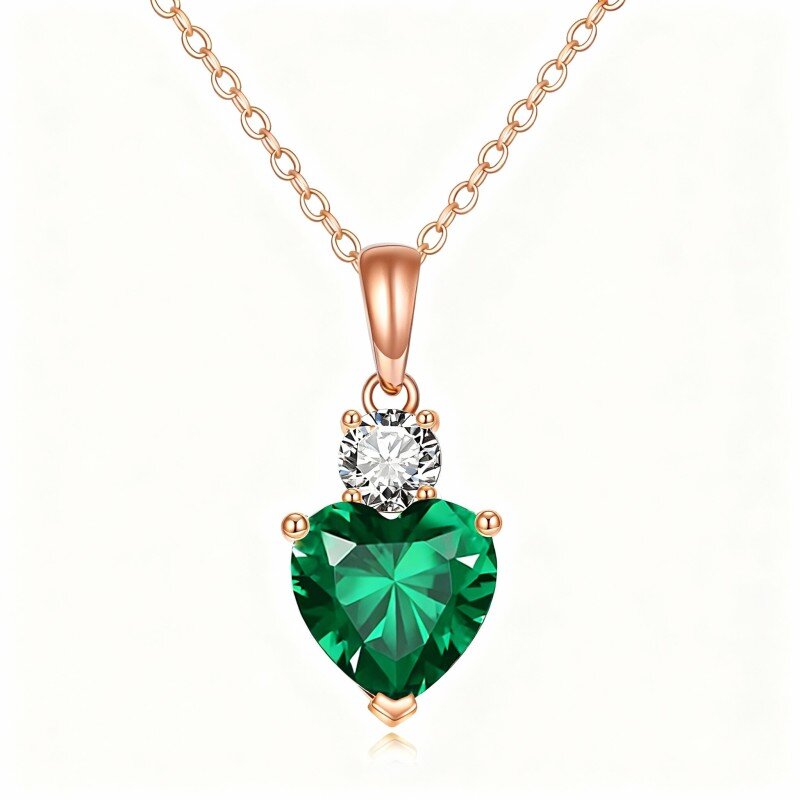Collier pendentif cœur en or rose 18 carats, zircon cubique et émeraude-1