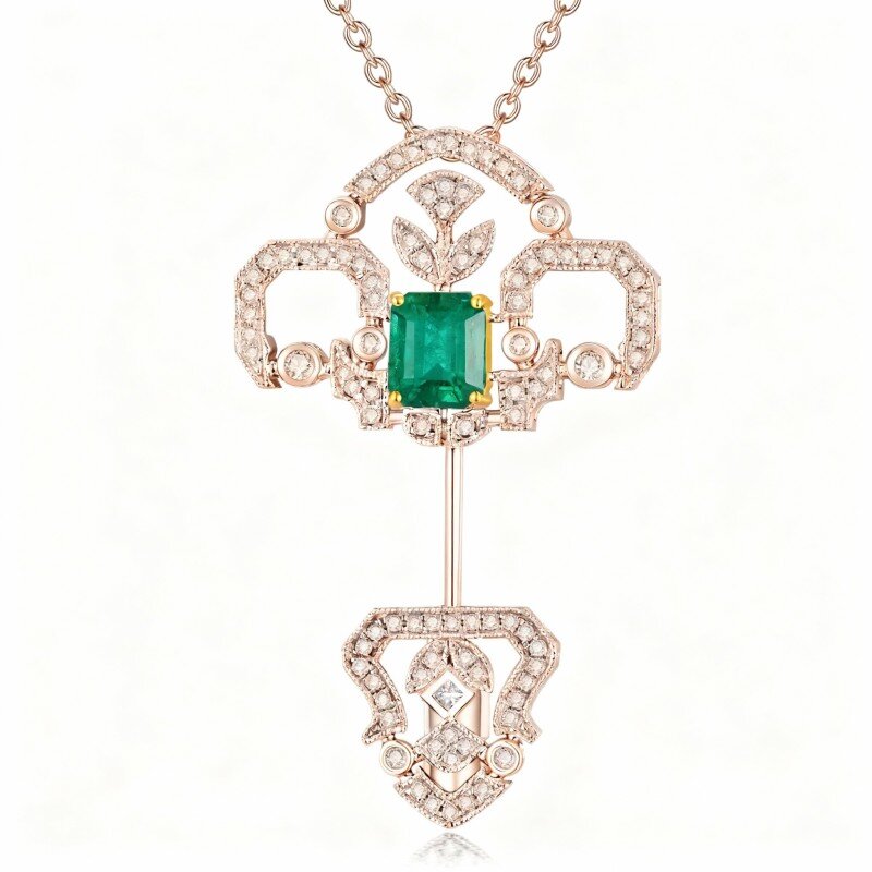 Collana con ciondolo a forma di chiave in oro rosa 10K e smeraldo-13