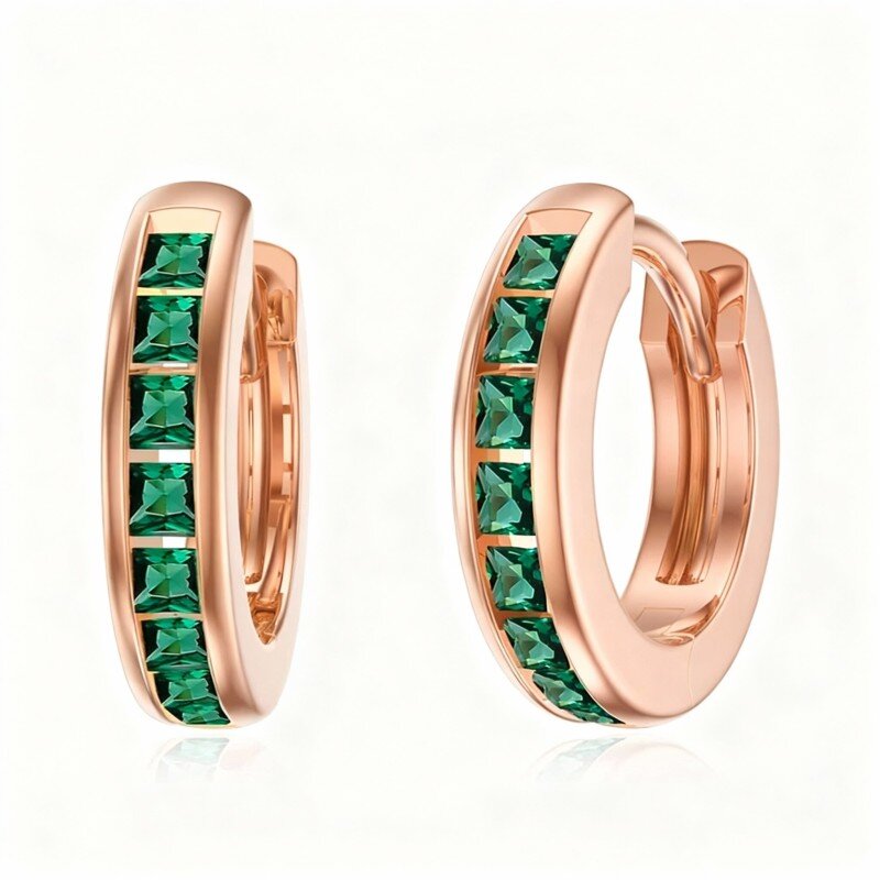 10K Rose Gold Emerald Round Hoop Earrings-1
