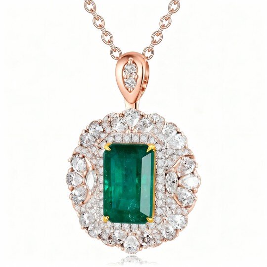 10K Rose Gold Emerald Round Pendant Necklace