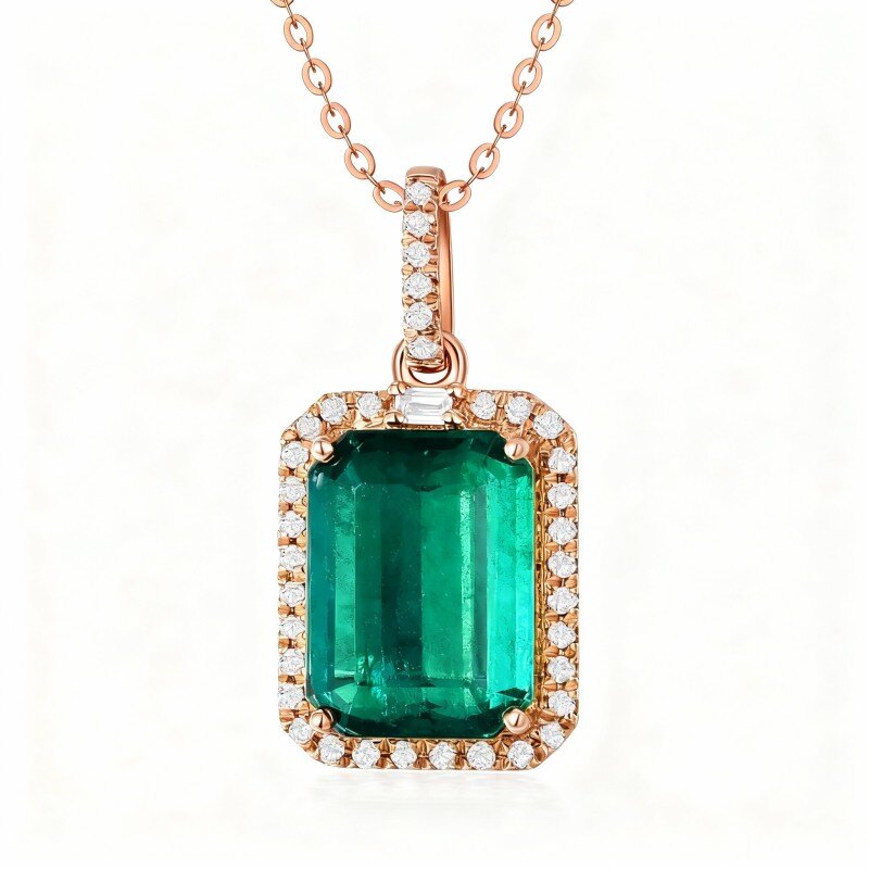 10K Rose Gold Emerald Square Pendant Necklace-1