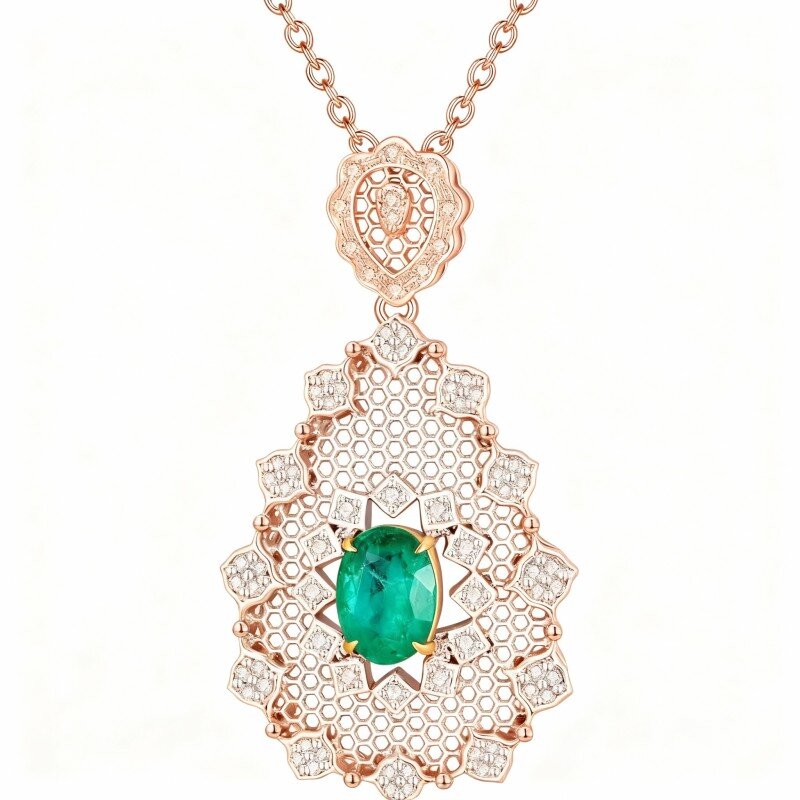 10K Rose Gold Emerald Square Pendant Necklace-3