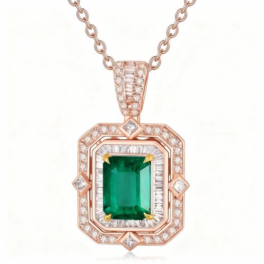 10K Rose Gold Emerald Square Pendant Necklace