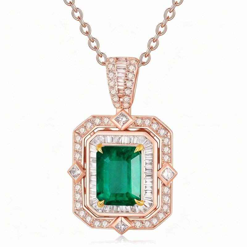 10K Rose Gold Emerald Square Pendant Necklace-1