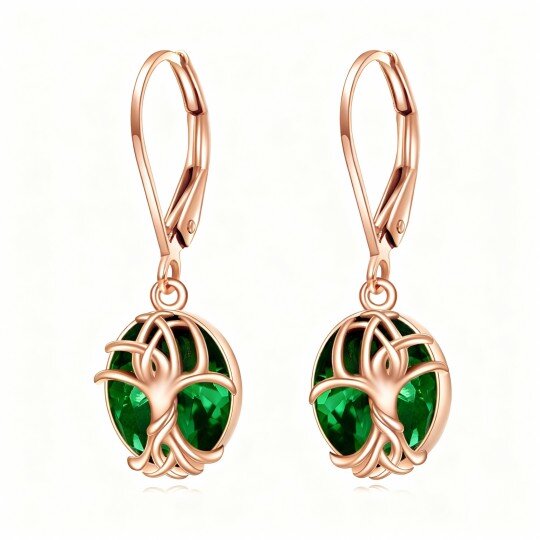 10K Rose Gold Emerald Tree Of Life Drop Earrings