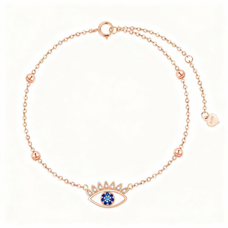 18K Rose Gold Cubic Zirconia Evil Eye Charm Bracelet-1