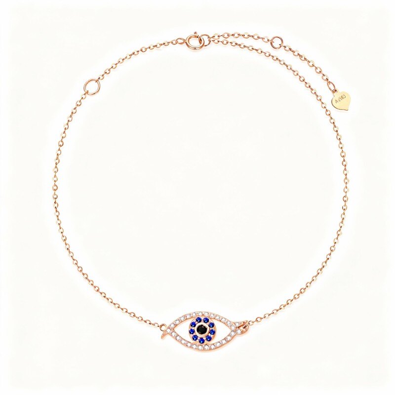 18K Rose Gold Cubic Zirconia Evil Eye Charm Bracelet-1