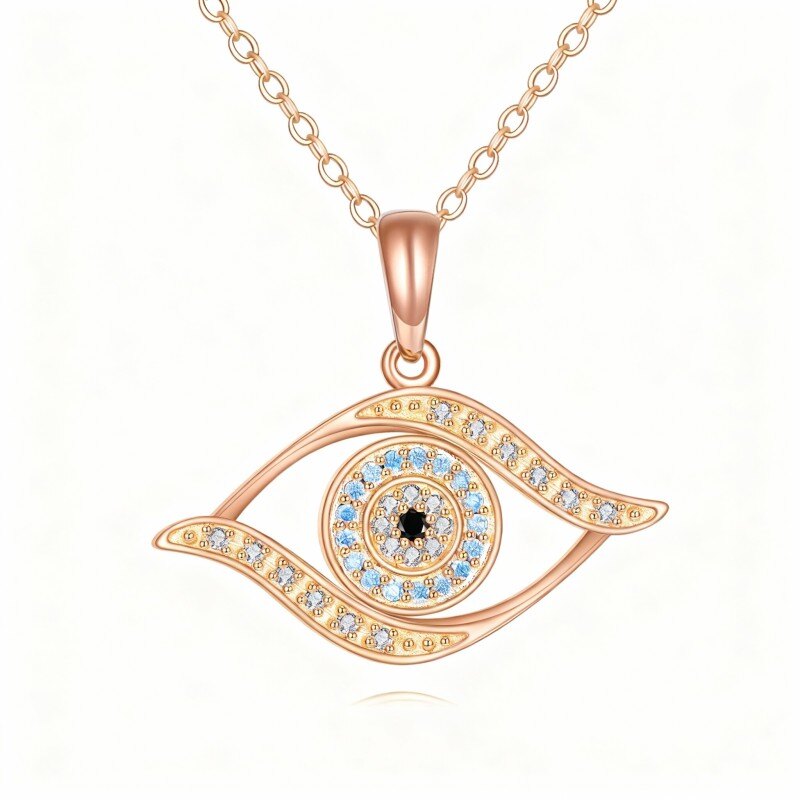 18K Rose Gold Cubic Zirconia Evil Eye Pendant Necklace-1