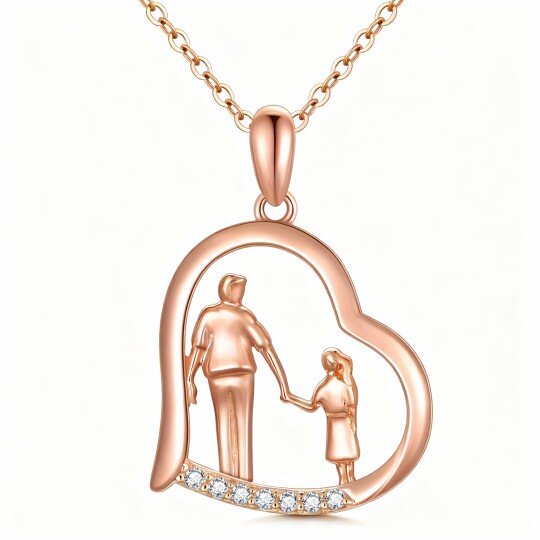 10K Rose Gold Cubic Zirconia Father & Daughter & Heart Pendant Necklace