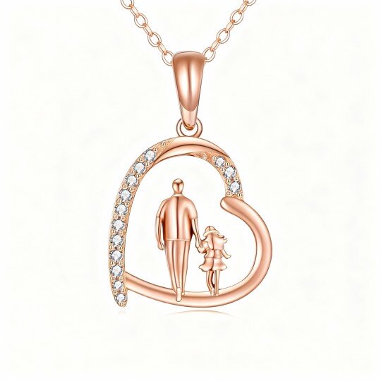 10K Rose Gold Cubic Zirconia Father & Daughter & Heart Pendant Necklace