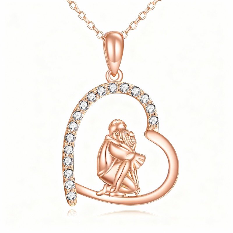 14K Rose Gold Cubic Zirconia Father & Daughter & Heart Pendant Necklace-1