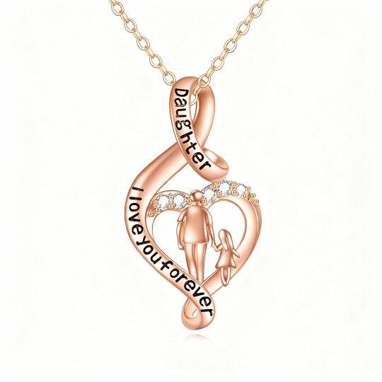 10K Rose Gold Cubic Zirconia Father & Daughter Pendant Necklace with Engraved Word
