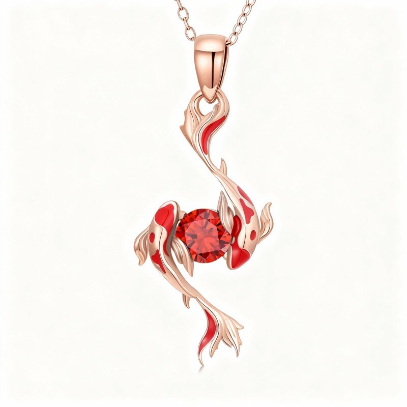 9K Rose Gold Cubic Zirconia Fish Pendant Necklace-3