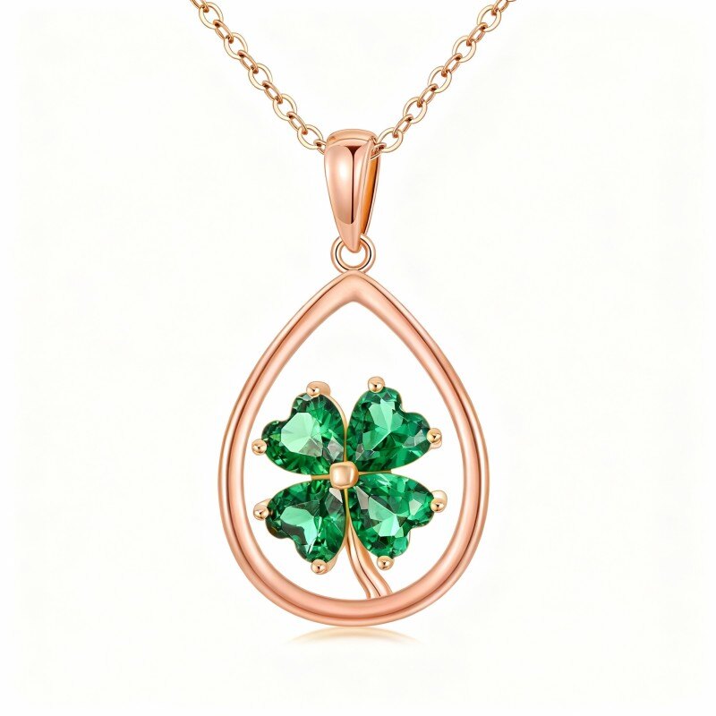 10K Rose Gold Cubic Zirconia Four Leaf Clover & Drop Shape Pendant Necklace-1