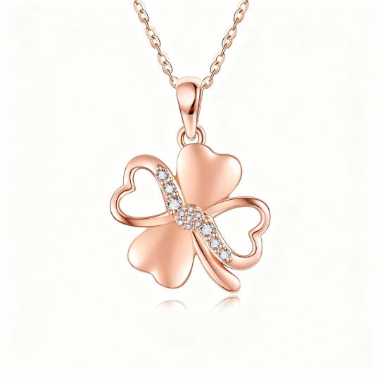 10K Rose Gold Cubic Zirconia Four Leaf Clover Pendant Necklace