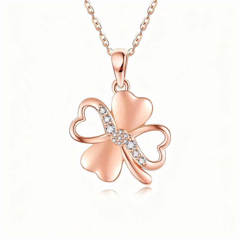 10K Rose Gold Cubic Zirconia Four Leaf Clover Pendant Necklace-1