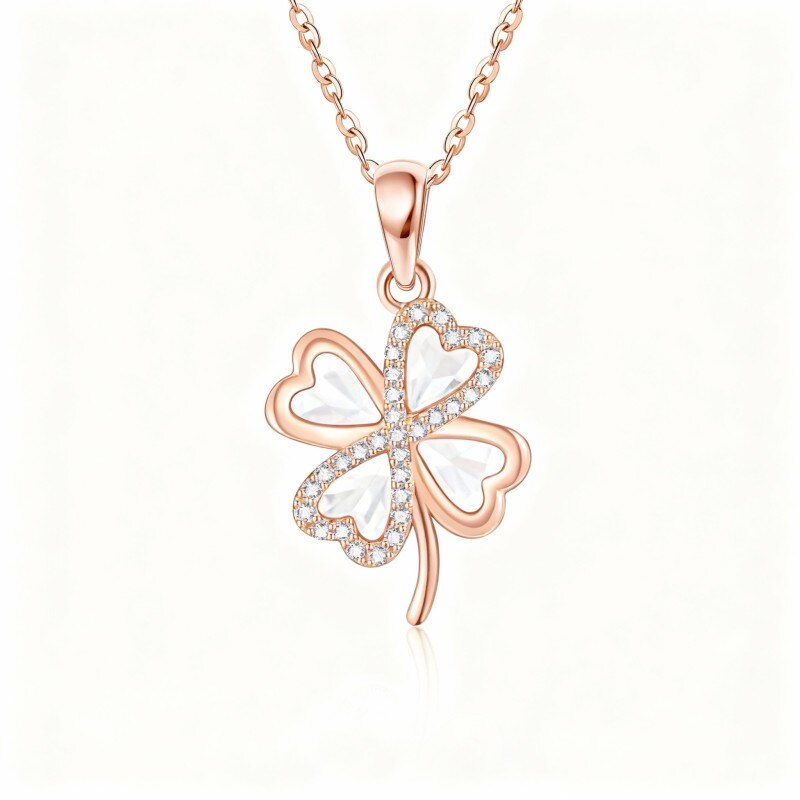 18K Rose Gold Cubic Zirconia Four Leaf Clover Pendant Necklace-1