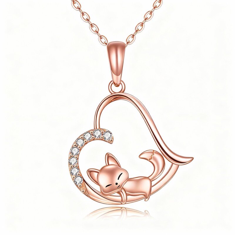 Halskette aus 18-karätigem Roségold mit Zirkonia-Fuchs- und Herzanhänger-1