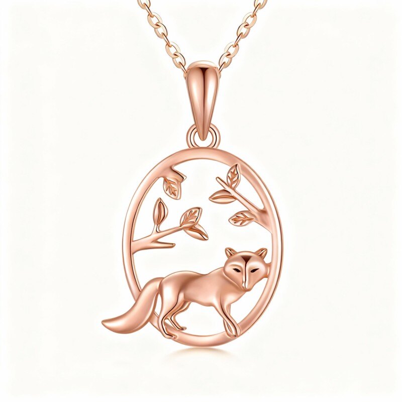 14K Rose Gold Fox & Leaves Pendant Necklace-1