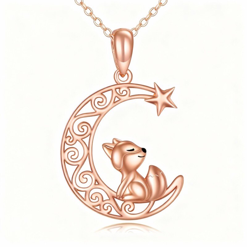 Collar con colgante de zorro, luna y estrella en oro rosa de 14 quilates-1