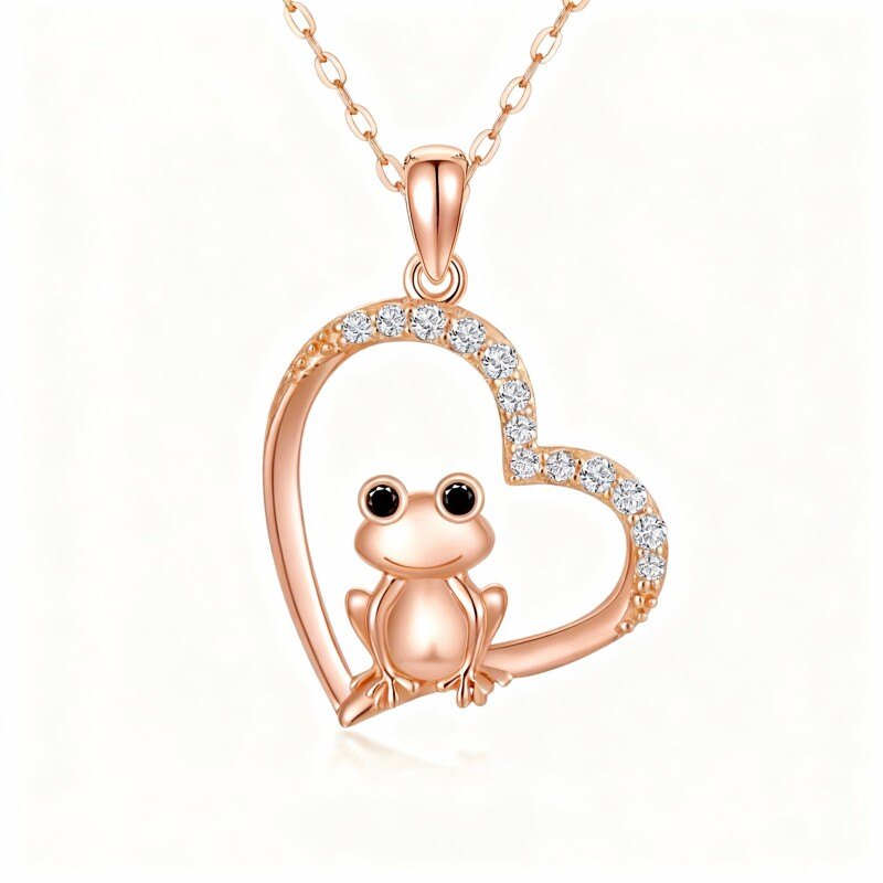 14K Rose Gold Cubic Zirconia Frog & Heart Pendant Necklace-1