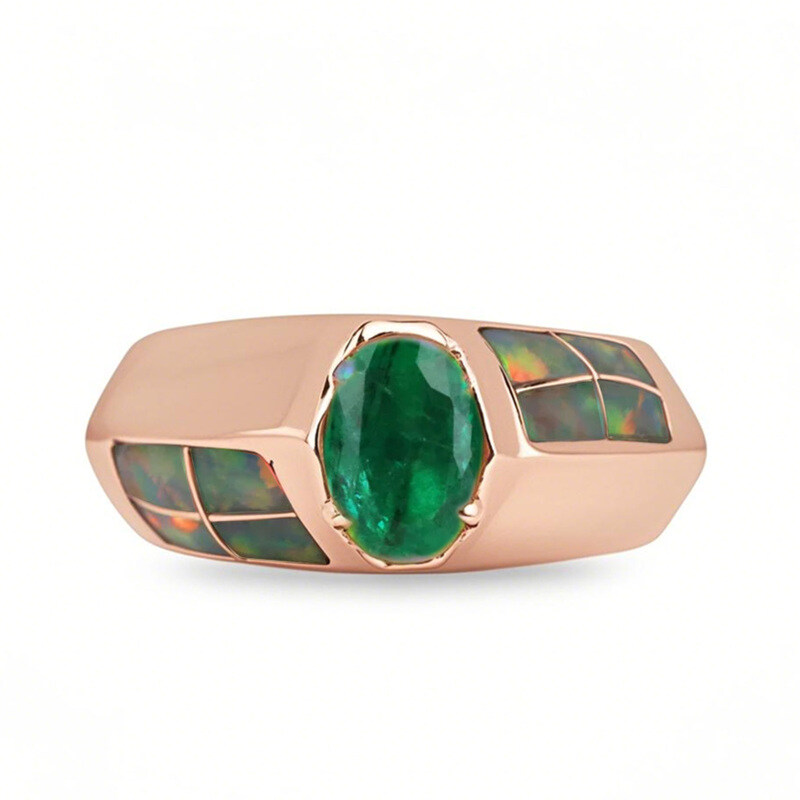 18K Rose Gold Green 2 to 7 CT Oval Emerald & Opal Accent Statement Custom Ring for Men-1