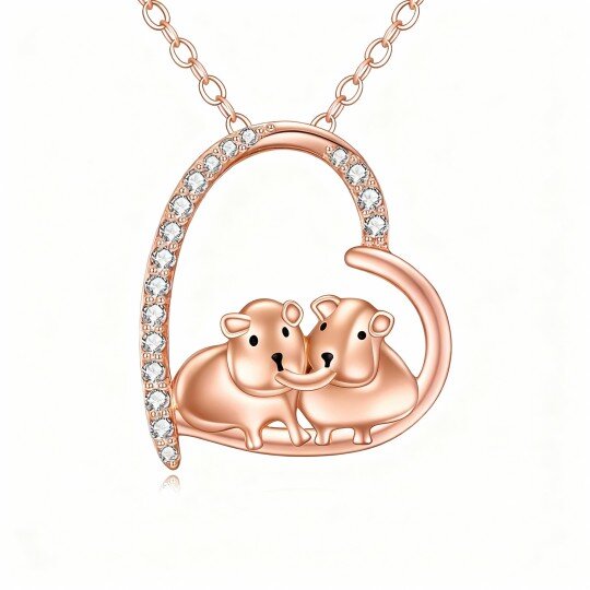 Halskette aus 10-karätigem Roségold mit Zirkonia-Meerschweinchen- und Herzanhänger