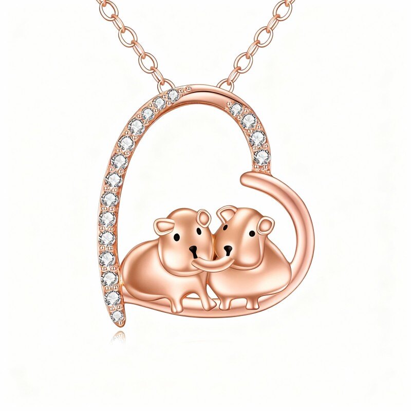 Halskette aus 14-karätigem Roségold mit Zirkonia-Meerschweinchen- und Herzanhänger-1