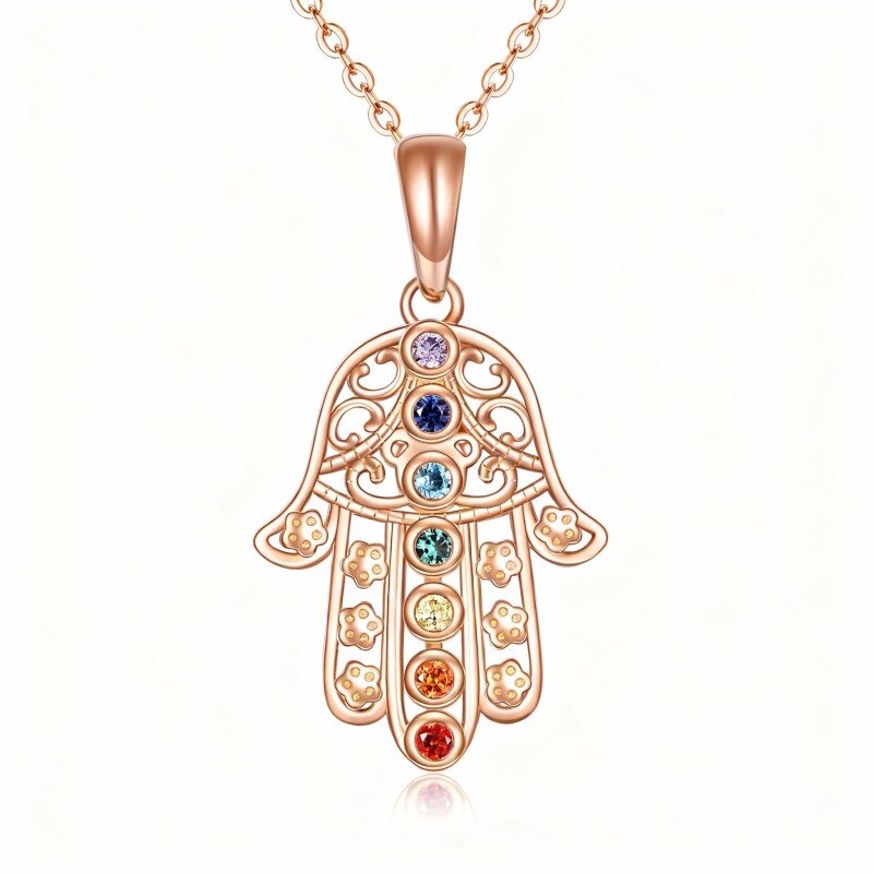 Halskette mit Hamsa-Hand-Anhänger aus 18-karätigem Roségold und Zirkonia-1