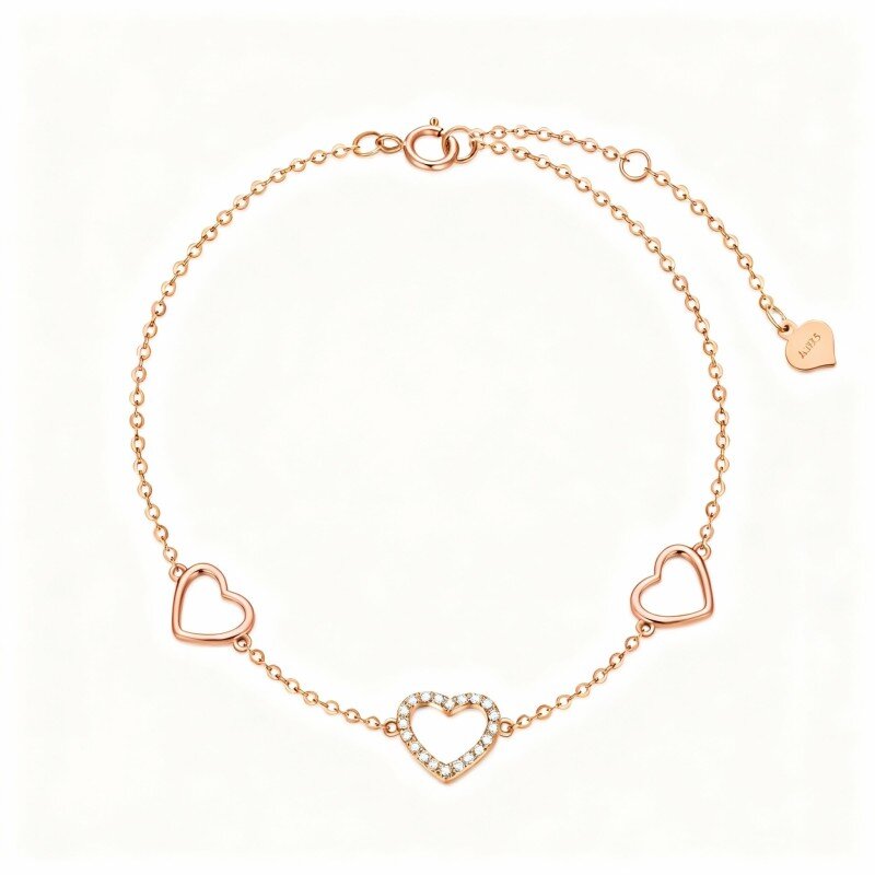18K Rose Gold Cubic Zirconia Heart Charm Bracelet-1