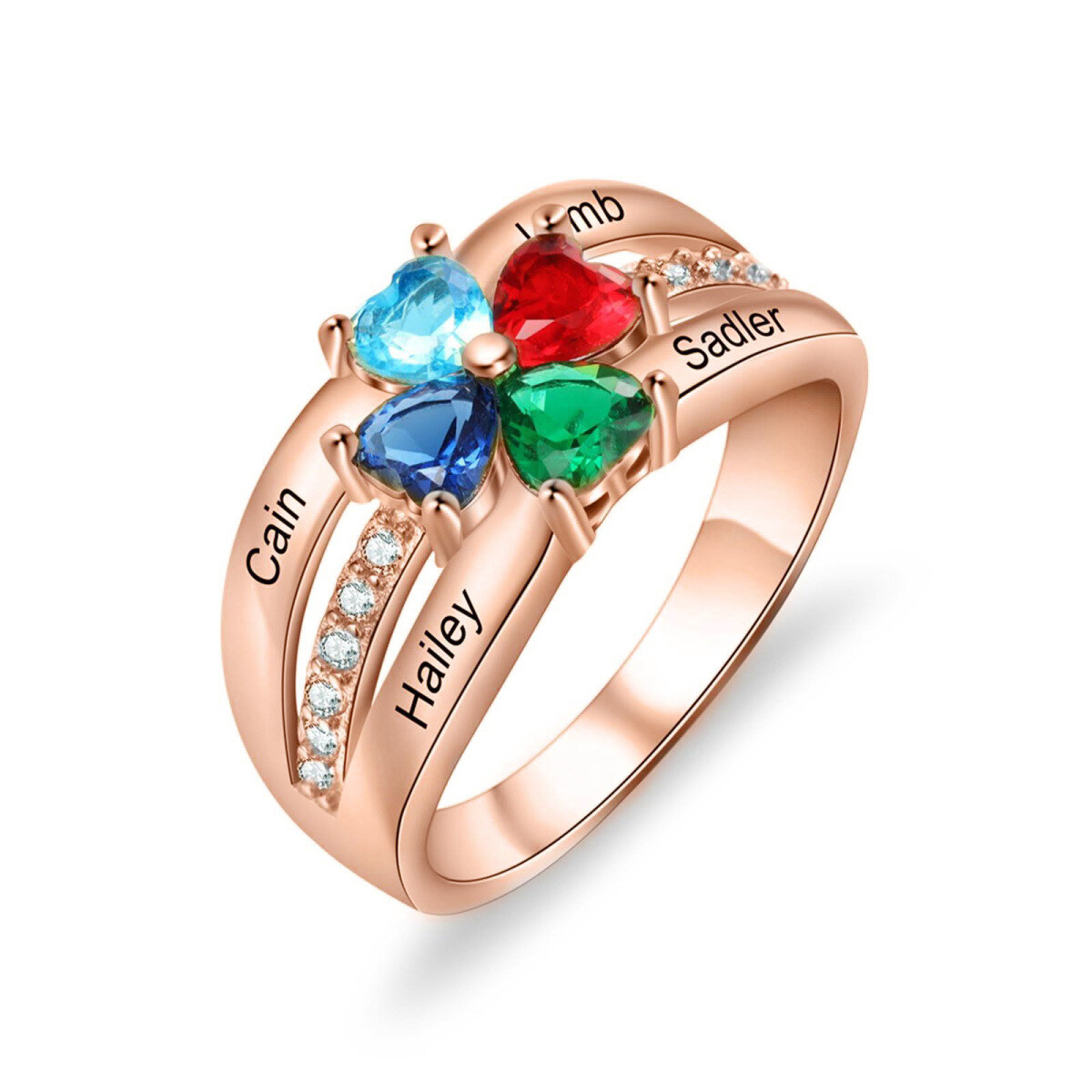 14K roségouden hartvormige slijpvorm met 4 geboortestenen, edelsteen en diamant. Familie sieraden, cadeaus voor moeders, echtgenotes en oma's.-1