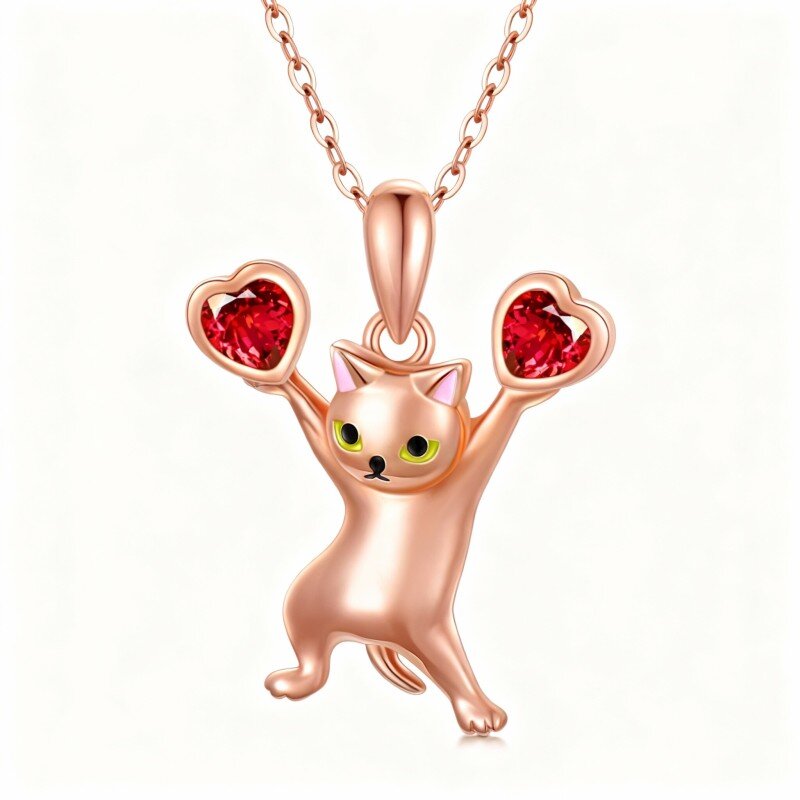 14K Rose Gold Heart Cut Cubic Zirconia Cat Pendant Necklace-1