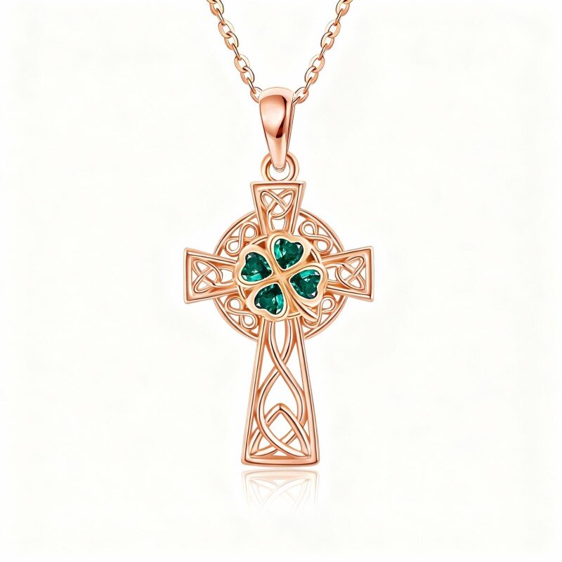 قلادة من الذهب الوردي عيار 10 قيراط مرصعة بأحجار الزركونيا المكعبة على شكل قلب وعقدة سلتيك وصليب-1