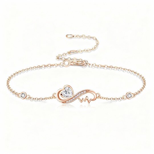 10K Rose Gold Heart Cut Cubic Zirconia Heart Charm Bracelet