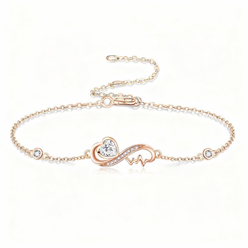 10K Rose Gold Heart Cut Cubic Zirconia Heart Charm Bracelet-1