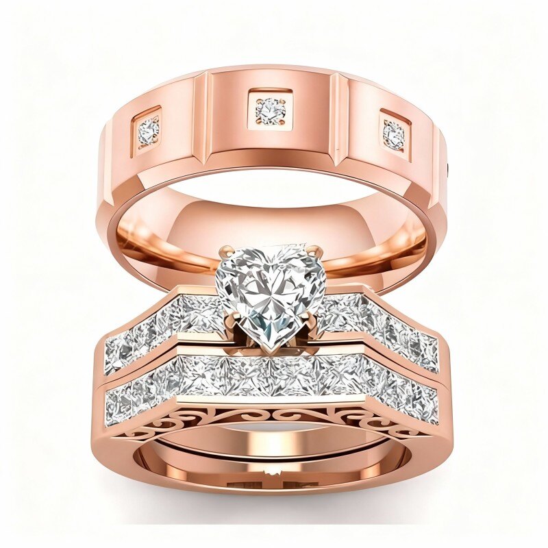 14K Rose Gold Heart Cut Couple Rings-1