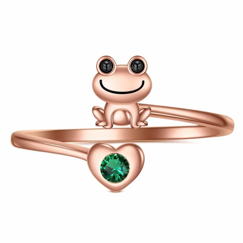 18K Rose Gold Heart Cut Crystal Frog & Heart Open Ring-1