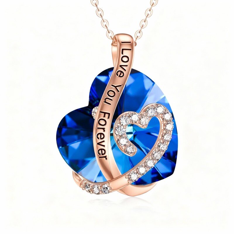 Collana con ciondolo a forma di cuore in cristallo tagliato a cuore in oro rosa 10 carati con parola incisa-1