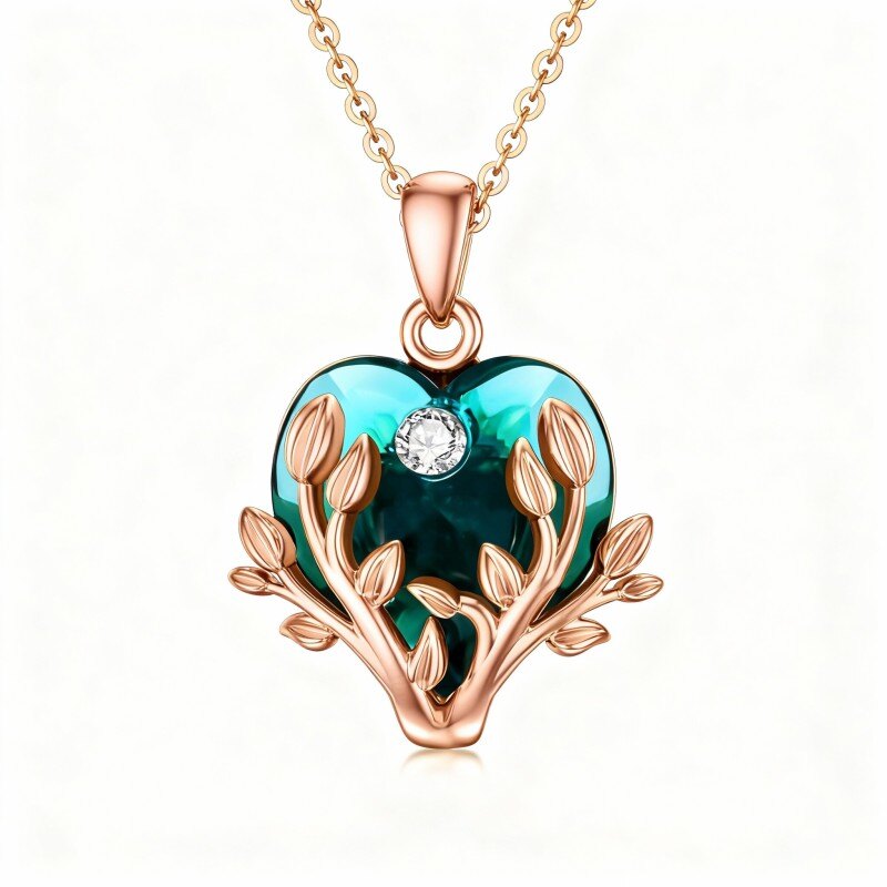 14K Rose Gold Heart Cut Crystal Tree Of Life Pendant Necklace-1