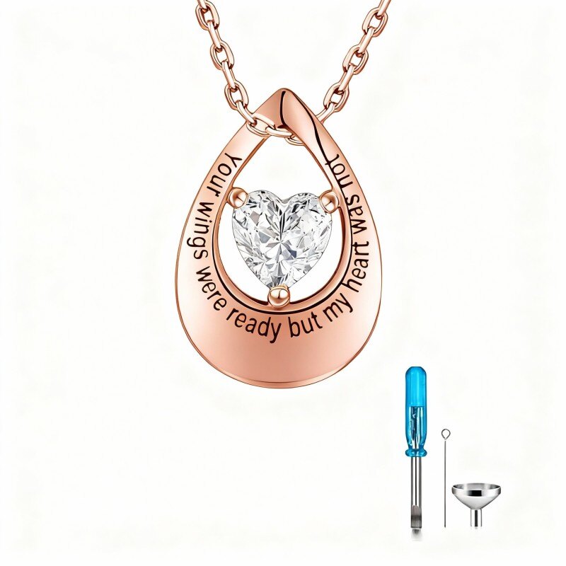 Naszyjnik z urną na prochy z 10-karatowego różowego złota z cyrkoniami sześciennymi w szlifie serca-1